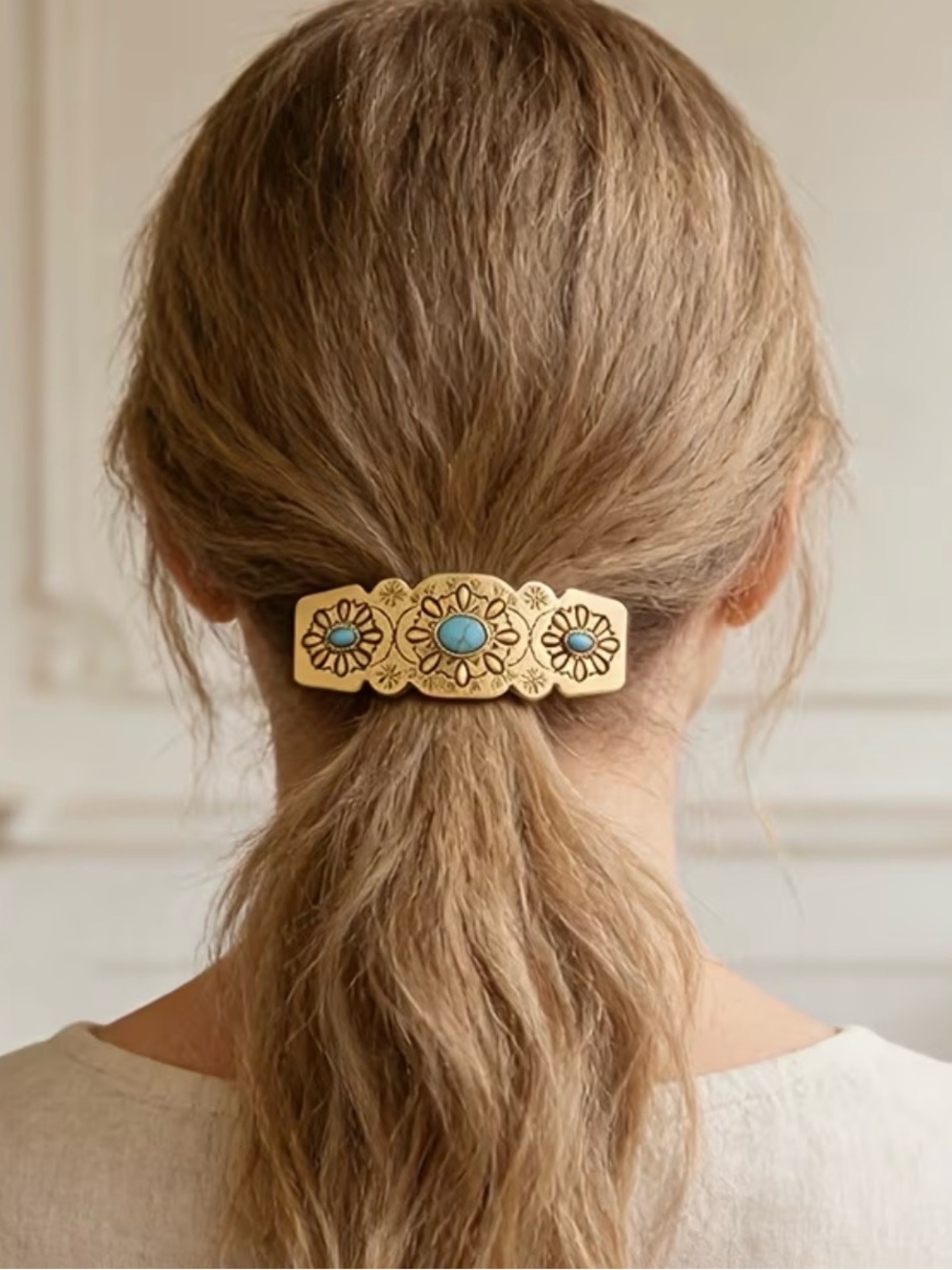 Gold and Turquoise Floral Barrette Hair Clip
